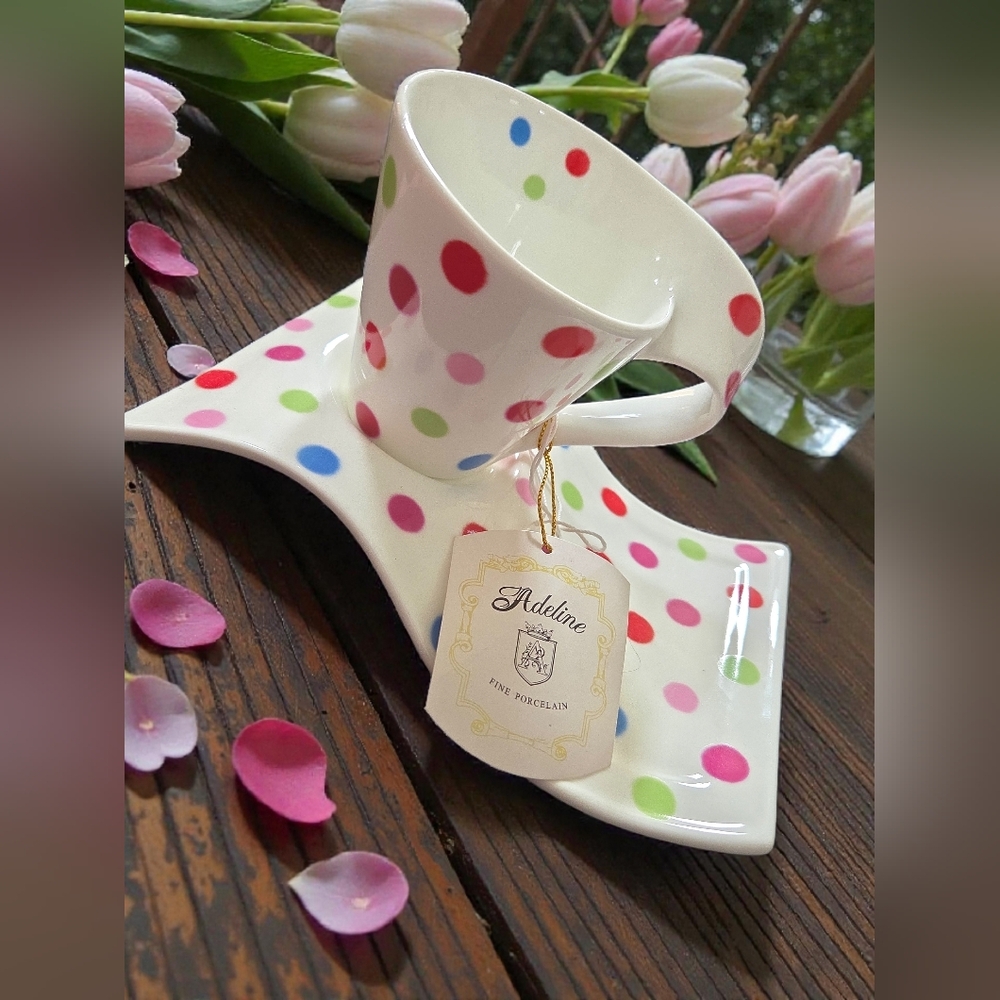 Adeline fine porcelain polka dots England cut and saucer set handmade